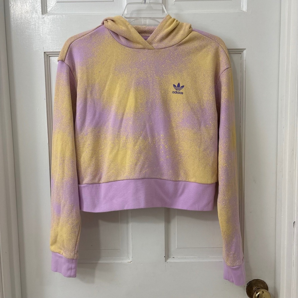 Adidas Hoodie Girls L Purple Yellow Crop Pullover Trefoil Sporty Colorful